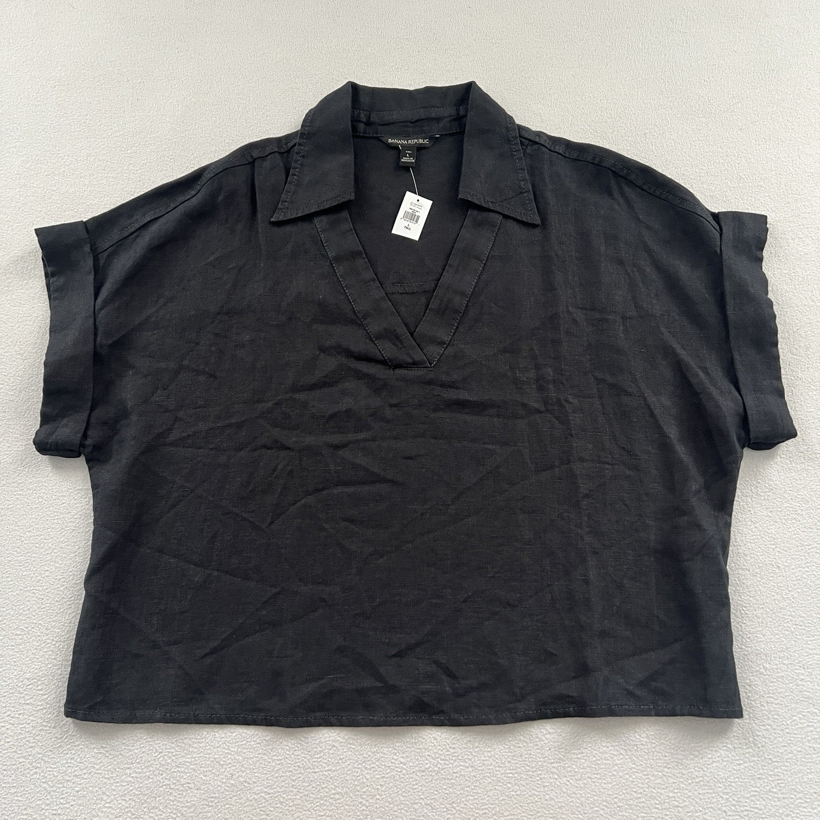 Nwt Banana Republic Black Cruz Linen Utility Short Sleeve V Neck Top Tall L